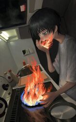 Rule 34 | 1boy, absurdres, black hair, blush, bottle, ceiling light, commentary, dutch angle, eating, eye reflection, faucet, fire, from side, frying pan, grey eyes, half-closed eyes, hand up, highres, holding flame, indoors, kitchen, looking down, nose blush, original, profile, reflection, shirt, short hair, short sleeves, sink, solo, stove, upper body, white shirt, yakito lulu