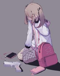 Rule 34 | 1girl, ahoge, backpack, bad id, bad twitter id, bag, bandaid, bandaid on cheek, bandaid on face, black ribbon, blue eyes, brown hair, cellphone, closed mouth, commentary request, crying, crying with eyes open, ear piercing, earbuds, earphones, fishnet thighhighs, fishnets, full body, grey background, gun, hair ornament, hair over eyes, hair ribbon, hairclip, hand on own thigh, hand on thigh, hand up, handgun, highres, hood, hood down, hoodie, jacket, long sleeves, multicolored hair, nail polish, open hand, original, phone, piercing, pink hoodie, pink nails, pistol, puffy long sleeves, puffy sleeves, red eyes, ribbon, seiza, shadow, sitting, sleeves past wrists, solo, streaked hair, tears, thighhighs, tsuruse, twintails, weapon, weapon request, white jacket, x hair ornament