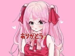 Rule 34 | 1girl, alternate costume, bare shoulders, blush, breasts, goddess of victory: nikke, grey eyes, hair ribbon, heart, long hair, mole, mole under mouth, pink background, pink hair, pink ribbon, red shirt, ribbon, shirt, simple background, sleeveless, sleeveless shirt, small breasts, tongue, tongue out, twintails, uniofthedead, upper body, yuni (nikke)