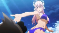 Rule 34 | 10s, 1girl, animated, animated gif, ass, bare shoulders, bikini, breasts, breasts squeezed together, butt crack, cleavage, hair between eyes, headphones, large breasts, long hair, looking back, mascot, midriff, navel, nitroplus, non-web source, open mouth, pink hair, red eyes, screencap, shiny skin, side-tie bikini bottom, skindentation, smile, soniani, super sonico, swimsuit, v arms, wide hips