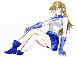 Rule 34 | 1girl, 203wolves, absurdres, ankle boots, arm support, bare shoulders, belt, blonde hair, blue footwear, blue skirt, boots, breasts, buttons, closed mouth, commentary request, crossed legs, duel academy uniform (yu-gi-oh! gx), elbow gloves, fingerless gloves, gloves, highres, long hair, looking at viewer, medium breasts, miniskirt, shadow, signature, simple background, sitting, skirt, sleeveless, smile, solo, tenjouin asuka, thighs, white background, yellow eyes, yu-gi-oh!, yu-gi-oh! gx