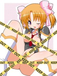 Rule 34 | 00s, 1girl, apricot sakuraba, boots, bottomless, broccoli (company), caution tape, censored, galaxy angel, galaxy angel rune, keep out, no bra, one eye closed, open clothes, open shirt, orange hair, purple eyes, pussy, shirt, shishimaru ken&#039;ya, short twintails, solo, spread pussy, twintails, uniform, wink