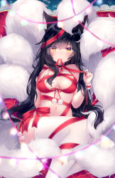 Rule 34 | 1girl, ahri (league of legends), animal ears, bdsm, bell, bikini, black choker, black hair, blush, bondage, bound, breasts, choker, collar, facial mark, fox ears, fox tail, front-tie bikini top, front-tie top, hand on own chest, highres, kyuubi, league of legends, long hair, looking at viewer, medium breasts, mouth hold, naked ribbon, neck bell, red bikini, red ribbon, ribbon, shouu-kun, side-tie bikini bottom, sitting, solo, string bikini, swimsuit, tail, thighhighs, vastaya, very long hair, whisker markings, yellow eyes