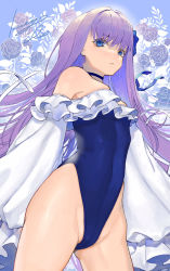 Rule 34 | 1girl, bare shoulders, blue background, blue eyes, blue one-piece swimsuit, blue ribbon, breasts, choker, closed mouth, collarbone, covered navel, fate/grand order, fate (series), floral background, frills, hair between eyes, highleg, highleg swimsuit, koyo akio, long hair, long sleeves, looking at viewer, meltryllis, meltryllis (fate), meltryllis (swimsuit lancer) (fate), meltryllis (swimsuit lancer) (second ascension) (fate), one-piece swimsuit, puffy sleeves, purple hair, ribbon, sleeves past fingers, sleeves past wrists, small breasts, solo, swimsuit, thighs, very long hair