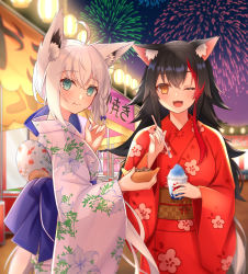 Rule 34 | 2girls, :t, ;d, aerial fireworks, ahoge, animal ear fluff, animal ears, black hair, blue eyes, blush, braid, brown eyes, closed mouth, commentary request, eating, fireworks, floral print, food, fox ears, fox girl, fox tail, hair between eyes, hand fan, hand up, highres, holding, hololive, hoshino reiji, ice cream, japanese clothes, kimono, long hair, long sleeves, looking at viewer, multicolored hair, multiple girls, night, one eye closed, ookami mio, open mouth, outdoors, paper fan, print kimono, red hair, red kimono, shirakami fubuki, side braid, smile, standing, streaked hair, summer festival, tail, takoyaki, uchiwa, very long hair, virtual youtuber, white hair, white kimono, wide sleeves, wolf ears, wolf girl, wolf tail, yukata
