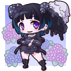 Rule 34 | 1girl, absurdres, black collar, black footwear, black hair, black hoodie, black umbrella, blue background, blue flower, blue hair, boots, chibi, collar, commentary request, ear chain, ear piercing, floral background, flower, full body, highres, holding, holding umbrella, hood, hood down, hoodie, hydrangea, indie virtual youtuber, kinokoma tango, knee boots, long sleeves, looking at viewer, multicolored hair, mushroom on head, parted lips, pentagram, piercing, puffy long sleeves, puffy sleeves, purple eyes, purple flower, saishosaisekojo, sleeves past wrists, smile, solo, spiked collar, spikes, standing, two-tone background, two-tone hair, umbrella, virtual youtuber, white background