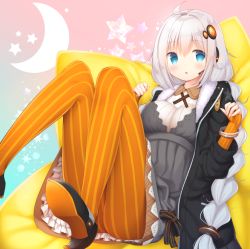 Rule 34 | 1girl, :o, ahoge, bad id, bad pixiv id, black jacket, blue eyes, blush, braid, breasts, collared shirt, crescent, dress, elbow gloves, fingerless gloves, fur-trimmed jacket, fur trim, gloves, grey dress, hair between eyes, hair ornament, hands up, headset, high heels, jacket, kizuna akari, knees together feet apart, knees up, long hair, long sleeves, looking at viewer, low twintails, medium breasts, murano, open clothes, open jacket, orange gloves, orange pantyhose, pantyhose, parted lips, shirt, shoe soles, solo, star (symbol), striped clothes, striped gloves, striped pantyhose, twin braids, twintails, vertical-striped clothes, vertical-striped gloves, vertical-striped pantyhose, very long hair, voiceroid, white shirt