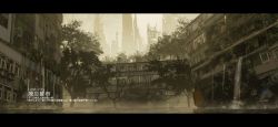 Rule 34 | asteroid ill, bad id, bad pixiv id, blurry, building, city, depth of field, flood, highres, letterboxed, muted color, no humans, original, outdoors, plant, post-apocalypse, ruins, scenery, translation request, tree, vines, water
