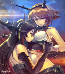 Rule 34 | 10s, 2girls, artist name, bad id, bad pixiv id, bare shoulders, black gloves, black hair, breasts, brown eyes, brown hair, elbow gloves, embers, eyelashes, gloves, hairband, holding hands, hand on another&#039;s head, hand on another&#039;s shoulder, head on chest, headgear, interlocked fingers, kantai collection, kazto furuya, large breasts, light rays, light smile, long hair, looking at another, looking at viewer, midriff, multiple girls, mutsu (kancolle), nagato (kancolle), parted lips, red eyes, short hair, signature, skirt, tsurime, upper body, white gloves, yuri