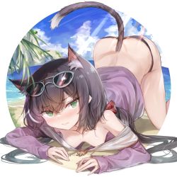 Rule 34 | 1girl, 7gao, animal ear fluff, animal ears, ass, bare shoulders, beach, bikini, black bikini, black hair, breasts, cat ears, cat girl, cat tail, day, eyewear on head, green eyes, highres, jacket, karyl (princess connect!), karyl (summer) (princess connect!), long hair, long sleeves, looking at viewer, low twintails, multicolored hair, no bra, no pants, off shoulder, outdoors, princess connect!, purple jacket, small breasts, solo, streaked hair, sunglasses, sunlight, swimsuit, tail, thighs, top-down bottom-up, twintails