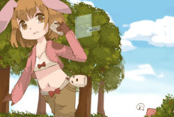 1girl, :3, animal ears, bangs, bow, bow bra, bra, brown eyes, brown gloves, brown hair, brown shorts, bunny ears, bush, closed mouth, cloud, commentary request, cowboy shot, day, eyebrows visible through hair, gameplay mechanics, gloves, jacket, kawachi (hina), long sleeves, looking to the side, midriff, musical note, navel, outdoors, pink jacket, poring, ragnarok online, red bow, short hair, shorts, shrug (clothing), slime (creature), spoken musical note, tearing up, thief (ragnarok online), tree, underwear, walking, whisper (ragnarok online), white bra