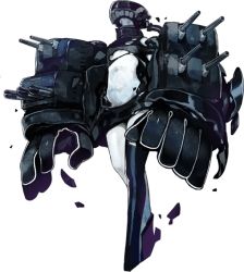 Rule 34 | 10s, 1girl, abyssal ship, black gloves, black thighhighs, colored skin, full body, gloves, helmet, kantai collection, machinery, no navel, official art, oguchi, oversized forearms, oversized limbs, single thighhigh, solo, thighhighs, torn clothes, transparent background, tsu-class light cruiser, turret, white skin