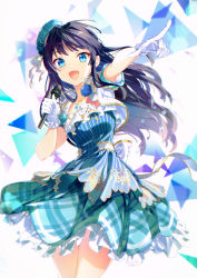 Rule 34 | 1girl, :d, aqua dress, aqua hat, arm up, back bow, beret, black hair, blue dress, blue eyes, blue flower, bow, cowboy shot, cropped jacket, dress, dress bow, dress flower, flower, frilled dress, frilled gloves, frills, gloves, gold trim, gradient dress, hand up, hat, hat ribbon, highres, holding, holding microphone, idolmaster, idolmaster million live!, idolmaster million live! theater days, index finger raised, jacket, jewelry, layered dress, long hair, looking at viewer, microphone, mini hat, mogami shizuka, motoki (hisano motoki), necklace, open mouth, outstretched arm, pendant, plaid, plaid dress, plaid headwear, pointing, pointing forward, popped collar, red bow, ribbon, short sleeves, sidelocks, sleeves rolled up, smile, solo, standing, striped clothes, striped dress, tilted headwear, triangle, two-tone dress, white background, white bow, white flower, white gloves, white jacket, white ribbon, yellow bow