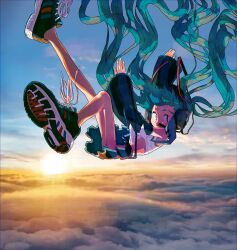 Rule 34 | 1girl, above clouds, alternate footwear, arms up, audio cable, black skirt, black sleeves, blue eyes, blue hair, blue sky, closed mouth, cloud, cloudy sky, collared shirt, cropped shirt, detached sleeves, doppelschwert, falling, floating hair, from side, full body, hair ornament, hatsune miku, headset, highres, leg up, looking at viewer, looking to the side, midair, midriff, panties, pantyshot, photo background, pleated skirt, shirt, shoes, short eyebrows, skirt, sky, sneakers, solo, striped clothes, striped panties, sun, twintails, underwear, v-shaped eyebrows, vocaloid, white shirt, wide sleeves, wind