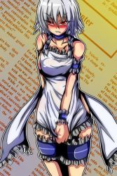 Rule 34 | 1girl, apron, apron pull, armband, blush, braid, breasts, bridal garter, clothes pull, collarbone, covered erect nipples, embarrassed, eyebrows, frills, izayoi sakuya, large breasts, looking at viewer, naked apron, nose blush, red eyes, short hair, silver hair, solo, teikoku gensui, text background, thigh strap, touhou, twin braids, wristband