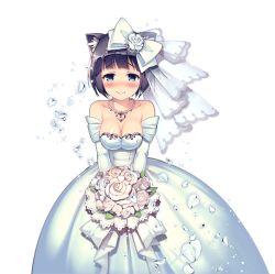 Rule 34 | animal ears, black hair, blue eyes, bouquet, breasts, bridal veil, cat ears, cat tail, cleavage, daibouken! yukeyuke osawari island, dress, elbow gloves, flower, gloves, hair ornament, hair ribbon, holding, ichigo (daibouken! yukeyuke osawari island), jewelry, looking at viewer, necklace, nontan, official art, ribbon, short hair, smile, solo, sparkle, tail, transparent background, veil, wedding dress
