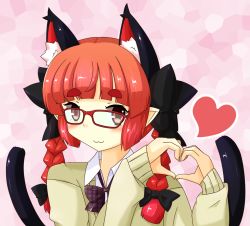 Rule 34 | 1girl, :3, animal ears, blazer, bow, braid, cat ears, glasses, heart, heart hands, highres, jacket, kaenbyou rin, long hair, looking at viewer, nekomata, pink background, pointy ears, red eyes, red hair, smile, tail, tomonekomata, touhou