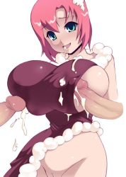 Rule 34 | 1girl, breasts, cum, green eyes, huge breasts, noise (lesion949), penis, penis under another&#039;s clothes, pink hair, short hair, smile, uncensored
