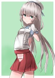 Rule 34 | 1girl, absurdres, blue sailor collar, border, cowboy shot, gloves, green background, green eyes, grey hair, hat, highres, hip vent, kamaboko senshi, kantai collection, leaning back, long hair, low twintails, mikura (kancolle), panties, pleated skirt, puffy short sleeves, puffy sleeves, red skirt, sailor collar, sailor hat, sailor shirt, shirt, short sleeves, skirt, smile, solo, standing, twintails, two-tone background, underwear, white border, white gloves, white hat, white panties, white shirt