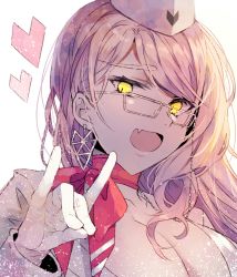 Rule 34 | 1girl, \m/, breasts, choker, cleavage, commentary request, deep (deep4946), earrings, eyewear strap, fang, fate/grand order, fate (series), formal, fox shadow puppet, glasses, gloves, hat, heart, highres, jewelry, koyanskaya (fate), koyanskaya (foreigner) (first ascension) (fate), large breasts, long hair, looking at viewer, pink hair, ribbon, ribbon choker, sleeve cuffs, smile, solo, suit, very long hair, white background, white gloves, yellow eyes