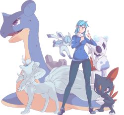 Rule 34 | 1girl, alolan form, alolan ninetales, autobottesla, blue eyes, blue shirt, breasts, clenched hand, commentary, commission, creatures (company), english commentary, closed eyes, froslass, full body, game freak, gen 1 pokemon, gen 2 pokemon, gen 4 pokemon, gen 7 pokemon, glaceon, glasses, grey eyes, lapras, medium breasts, medium hair, nintendo, pants, pokemon, pokemon (creature), red eyes, scarf, shirt, shoes, sneasel, standing, transparent background