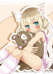 Rule 34 | 1girl, :t, animal ear fluff, animal ears, bad id, bad pixiv id, bare arms, bare shoulders, blonde hair, blush, border, brown background, camisole, cat ears, cat girl, cat tail, closed mouth, fingernails, green eyes, highres, hugging object, kneehighs, lace, lace border, long hair, looking at viewer, loungewear, mitsuru (habihapi), original, ornate border, polka dot, polka dot background, pout, short shorts, shorts, sitting, socks, solo, striped camisole, striped clothes, striped socks, stuffed animal, stuffed toy, tail, tail raised, teddy bear, two-tone background, v-shaped eyebrows, white shorts