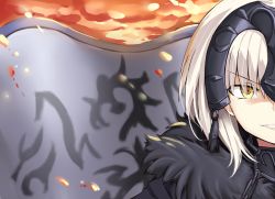 Rule 34 | 1girl, chain, fate/grand order, fate (series), fur trim, grey hair, headpiece, i.f.s.f, jeanne d&#039;arc (fate), jeanne d&#039;arc alter (avenger) (fate), jeanne d&#039;arc alter (fate), looking at viewer, out of frame, parted lips, smile, solo, standard bearer, upper body, yellow eyes