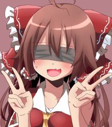 Rule 34 | 1girl, :d, bare shoulders, blindfold, blush, brown background, brown hair, collarbone, colorized, derivative work, detached sleeves, double v, fang, female focus, hair tubes, hakurei reimu, kuromu (underporno), long hair, open mouth, simple background, smile, solo, touhou, v, yamasuta