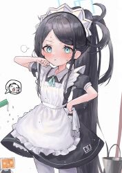 Rule 34 | 1girl, :p, absurdres, apron, aris (blue archive), black dress, black hair, blue archive, blue eyes, blue ribbon, blush, bucket, character request, child, clenched hand, collared dress, cropped legs, dress, frills, hair intakes, halo, hand on own cheek, hand on own face, highres, hogo (otora50), holding, long hair, looking at viewer, maid apron, maid headdress, messy hair, neck ribbon, pantyhose, parted bangs, ponytail, puffy sleeves, ribbon, sensei (blue archive), short sleeves, sidelocks, sweat, tongue, tongue out, v, very long hair, white apron, white background, white pantyhose