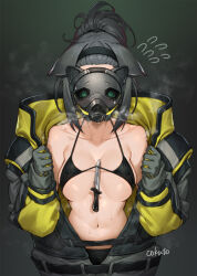 Rule 34 | 1girl, animal ears, arknights, bikini, black bikini, black hair, black hairband, bodysuit, breasts, cat ears, cat girl, cat mask, cokuto1, cutting clothes, facing viewer, flying sweatdrops, gas mask, hairband, halterneck, jessica (arknights), jessica (iron block) (arknights), looking at viewer, mask, masked, navel, open bodysuit, open clothes, ponytail, solo, steam, sweat, swimsuit, upper body