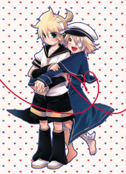 Rule 34 | 2boys, bad id, bad pixiv id, barefoot, blonde hair, blue eyes, blush, child, crossover, feet, full body, hat, heart, heart of string, hug, hug from behind, kagamine len, male focus, multiple boys, oliver (vocaloid), open mouth, sailor hat, short hair, simple background, smile, string, string of fate, toes, vocaloid, yaoi, yellow eyes, yomorin