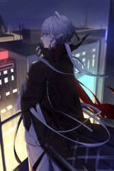 Rule 34 | absurdres, ahoge, arknights, black jacket, black nails, building, character request, closed mouth, grey hair, hand up, highres, jacket, long hair, looking away, night, night sky, outdoors, pants, pointy ears, popped collar, profile, red eyes, shirt, signature, sky, very long hair, white pants, white shirt, yoruyume