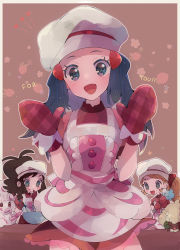 Rule 34 | 3girls, :d, alcremie, apron, black hair, blush, buttons, commentary request, cosplay, creatures (company), dawn (palentine&#039;s 2021) (pokemon), dawn (pokemon), dawn (pokemon) (cosplay), dress, english text, eyelashes, food, frills, fruit, game freak, gen 5 pokemon, gen 8 pokemon, grey headwear, hair ornament, hairclip, hat, head tilt, highres, hilda (pokemon), long hair, looking at viewer, misha (ohds101), mittens, mixing bowl, multiple girls, nintendo, official alternate costume, open mouth, pokemon, pokemon bw, pokemon masters ex, pokemon xy, red dress, red mittens, serena (pokemon), smile, strawberry, tongue, whimsicott, whisk