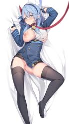 Rule 34 | ako (blue archive), artist name, bed sheet, bell, black hairband, black thighhighs, blue archive, blue dress, blue eyes, blue hair, blush, breasts, censored, closed mouth, collar, dakimakura (medium), dress, female focus, garter straps, hairband, hetaren (ramark), highres, large breasts, leash, looking at viewer, lying, mosaic censoring, neck bell, nipples, no bra, no panties, nose blush, on back, on bed, one breast out, pussy, sheet grab, shirt, short dress, solo, thighhighs, upskirt, v-shaped eyebrows, white shirt