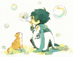 Rule 34 | 1boy, :&lt;, animal, back, bad id, bad pixiv id, black eyes, blue hair, blue scarf, bubble, blowing bubbles, cat, chibi, coat, drinking straw, flower, holding, kaito (vocaloid), long sleeves, male focus, mouth hold, painting (medium), pants, profile, scarf, solo, sorasuke (akane), squatting, traditional media, vocaloid, watercolor (medium), white flower