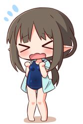 Rule 34 | &gt; &lt;, 1girl, absurdres, bare legs, barefoot, blue jacket, blue one-piece swimsuit, blush, breasts, brown hair, character request, chibi, closed eyes, colored shadow, commentary request, covered navel, facing viewer, flying sweatdrops, full body, hana kazari, highres, jacket, long hair, old school swimsuit, one-piece swimsuit, open clothes, open jacket, open mouth, pointy ears, princess connect!, school swimsuit, shadow, short sleeves, sidelocks, small breasts, solo, standing, swimsuit, very long hair, wavy mouth, white background