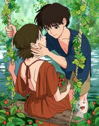 Rule 34 | 1boy, 1girl, ashitaka, backless dress, backless outfit, basket, blue shirt, brown hair, closed mouth, collarbone, dress, eating, eye contact, ghost, hair ornament, hand on another&#039;s face, hand up, hetero, highres, holding, holding basket, kodama, leaning forward, long sleeves, looking at another, mononoke hime, nature, plant, red dress, rikaco1988, san (mononoke hime), shirt, short sleeves, shoulder blades, sitting, smile, standing, swing, vines, water