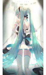 Rule 34 | 1girl, aqua eyes, aqua hair, artist request, bare shoulders, black footwear, black skirt, black sleeves, black thighhighs, blue eyes, blue hair, blue necktie, blush, boots, collared shirt, covered mouth, detached sleeves, eighth note, eyelashes, female focus, floating hair, glint, hair ornament, hatsune miku, highres, long hair, long sleeves, looking at viewer, musical note, necktie, pleated skirt, revision, ribbon, shirt, skirt, sleeveless, sleeveless shirt, smile, solo, standing, sul ( 20sub), thighhighs, tie clip, twintails, very long hair, vocaloid, white shirt, white thighhighs, wide sleeves