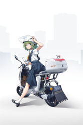 Rule 34 | 1girl, absurdres, arnold-s, ascot, bag, black footwear, black skirt, blue eyes, blush, cellphone, commentary request, flip phone, green hair, helmet, highres, holding, holding phone, motor vehicle, motorcycle helmet, on motorcycle, original, parted lips, phone, riding, school bag, school uniform, scooter, shadow, shirt, shoes, short hair, short sleeves, skirt, solo, white shirt, yellow ascot