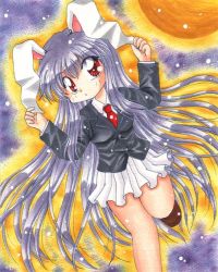 Rule 34 | 1girl, :o, animal ears, arms up, aura, blazer, buttons, dress shirt, female focus, full moon, hand on own ear, jacket, leg up, light particles, long hair, long sleeves, looking at viewer, marker (medium), millipen (medium), moon, necktie, pleated skirt, purple hair, rabbit ears, red eyes, red moon, red necktie, reisen udongein inaba, sakura maki, shirt, shoes, skirt, solo, standing, standing on one leg, touhou, traditional media, very long hair