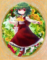 Rule 34 | 1girl, ascot, closed mouth, collared shirt, commentary, flower, frilled skirt, frills, full body, green hair, high heels, kazami yuuka, long sleeves, looking at viewer, medium hair, red eyes, red footwear, red skirt, red vest, shirt, skirt, smile, socks, solo, standing, sunflower, syoumikigengire, touhou, tsurime, v-shaped eyebrows, vest, white shirt, white socks, yellow ascot, yellow flower