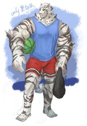 Rule 34 | 1boy, animal ears, arknights, bag, bara, blue tank top, bulge, carrying, carrying under arm, facial hair, food, fruit, full body, furry, furry male, goatee, highres, large hands, looking to the side, male focus, mountain (arknights), muscular, muscular male, onlybwg3, pectorals, red shorts, scar, scar across eye, scar on arm, short hair, shorts, solo, standing, tank top, thick eyebrows, tiger boy, tiger ears, watermelon, white hair