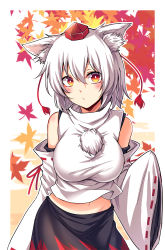 Rule 34 | 1girl, animal ears, bare shoulders, black skirt, blush, breasts, closed mouth, commentary request, cowboy shot, detached sleeves, hair between eyes, hat, impossible clothes, inubashiri momiji, koissa, large breasts, leaf, looking at viewer, midriff, navel, pom pom (clothes), red eyes, ribbon-trimmed sleeves, ribbon trim, shirt, skirt, sleeveless, sleeveless shirt, solo, tassel, tokin hat, touhou, white background, white hair, wide sleeves, wolf ears