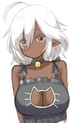 Rule 34 | 1girl, ahoge, bad id, bad pixiv id, bare shoulders, bell, neck bell, blush, breasts, cat cutout, cat lingerie, choker, cleavage, cleavage cutout, clothing cutout, collarbone, dark skin, dark-skinned female, heterochromia, large breasts, looking at viewer, malice stella, meme attire, original, pointy ears, red eyes, short hair, simple background, sketch, solo, upper body, white background, white hair, yellow eyes