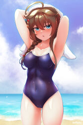 Rule 34 | 1girl, :o, ahoge, alternate costume, arms behind head, arthur ko, bare arms, bare legs, bare shoulders, beach, beads, blue eyes, blue one-piece swimsuit, blue sky, blush, braid, braided ponytail, breasts, brown hair, cleavage, cloud, cloudy sky, collarbone, colored eyelashes, commentary request, competition school swimsuit, covered navel, cowboy shot, day, gluteal fold, hair beads, hair between eyes, hair flaps, hair ornament, hair over shoulder, hair ribbon, highres, horizon, kantai collection, long hair, looking at viewer, medium breasts, ocean, one-piece swimsuit, open mouth, outdoors, paid reward available, red ribbon, revision, ribbon, school swimsuit, shigure (kancolle), shigure kai san (kancolle), sideboob, single braid, single sidelock, sky, solo, standing, straight-on, swimsuit, thighs, towel, twitter username, variant set, wet, wet clothes, wet hair, wet swimsuit