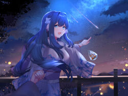 Rule 34 | 1girl, 1other, :d, arknights, astesia (arknights), blue eyes, blue hair, breasts, chinese commentary, commentary request, falling star, holding, holding hands, index finger raised, japanese clothes, kimono, large breasts, lingshalan, long sleeves, looking at viewer, night, open mouth, out of frame, outdoors, pointing, pov, purple hair, purple kimono, railing, red hair, smile, solo focus, star (sky), upper body, wide sleeves