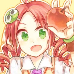 Rule 34 | 1girl, andou ringo, apple, bad id, bad pixiv id, compile, drill hair, food, fruit, green eyes, hair ornament, hairclip, lowres, madou monogatari, midori miyako, name connection, object namesake, puyo (puyopuyo), puyopuyo, puyopuyo 7, red apple, red hair, short hair, smile, solo, twin drills, twintails, yellow background
