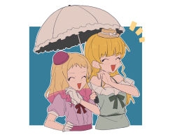 Rule 34 | 2girls, :d, bare shoulders, blonde hair, blue background, blunt bangs, blush, border, bow, bowtie, closed mouth, coldcat., collarbone, cropped torso, dot nose, dress, flat color, forehead, frilled dress, frilled umbrella, frills, gloves, green bow, green bowtie, green dress, grey umbrella, hand on own cheek, hand on own face, hand on own hip, heanna sumire, holding, holding umbrella, layered clothes, long hair, love live!, love live! superstar!!, multicolored hair, multiple girls, notice lines, off-shoulder dress, off shoulder, ojou-sama pose, onitsuka natsumi, open mouth, outside border, pink hair, pink shirt, puffy short sleeves, puffy sleeves, raised eyebrows, red bow, red bowtie, shirt, short bangs, short sleeves, side-by-side, sidelocks, smile, two-tone hair, umbrella, white border, white gloves, white shirt