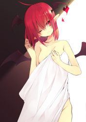 Rule 34 | 1girl, akimaki yuu, bed sheet, black background, blush, breasts, collarbone, covering privates, cowboy shot, demon wings, head tilt, head wings, heart, highres, koakuma, long hair, looking at viewer, medium breasts, naked sheet, nude, nude cover, one eye closed, pointy ears, red eyes, red hair, smile, solo, touhou, white background, wings