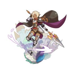 Rule 34 | 1boy, 1girl, 2others, armored boots, bird, blonde hair, boots, cape, castle, dark skin, dragalia lost, full body, holding, holding polearm, holding spear, holding weapon, looking at viewer, multiple others, non-web source, official art, one eye closed, open mouth, orange eyes, patia (dragalia lost), polearm, saitou naoki, salute, shorts, silhouette, solo focus, spear, transparent background, weapon